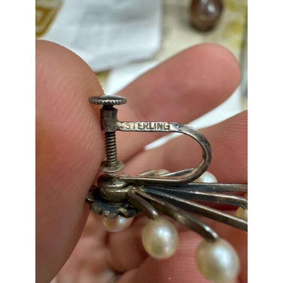 Vintage Mid Century Pearl Cluster Brooch and Matching Earrings, Sterling Silver - Picture 7 of 7